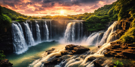 Fantasy landscape with waterfall at sunset, panorama.の素材