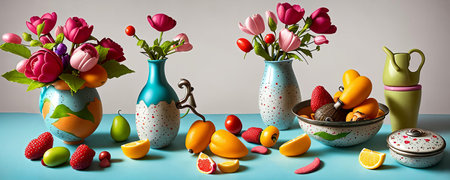 Whimsical still life. Creative and whimsical still life compositions with everyday objects, focusing on playful arrangements, color contrasts, and storytelling elements. Generative AI.の素材
