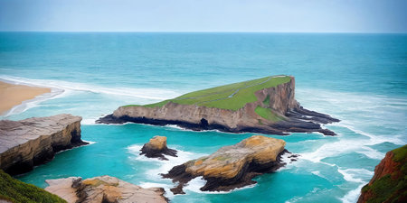 Stunning seascape, cliffs towering over the coastline, waves crashing below. Panorama. Generative AI.の素材