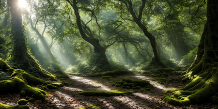 A mysterious forest emerges. Sun rays piercing through the dense canopy, revealing a mystical realm. Shadows dance, whispers echo, enticing exploration. Generative AI.の素材