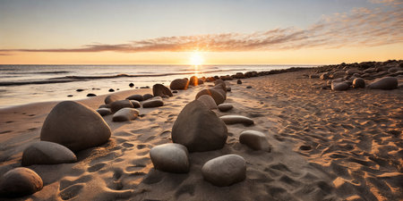Pattern of stones on a sandy beach, illuminated by the warm colors of a sunset.の素材