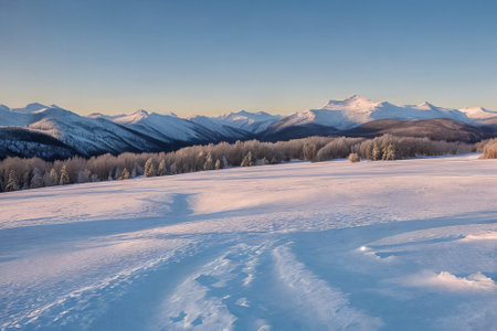 A serene winter landscape, picturesque panorama. Snow-covered landscapes, frost-covered trees, and wintery scenes. Generativeの素材