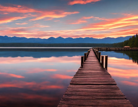 A vibrant sunset paints the sky over a serene lake, casting a radiant glow on a peaceful wooden pier. Generative AIの素材