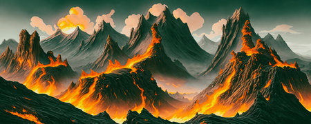 Dragons lair. Rugged grandeur of towering mountains, fierce crags, and treacherous cliffs. Sense of peril and majesty by including sizzling lava flows, billowing smokeの素材