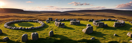 A mysterious and ancient stone circle nestled in a remote moorland, with the setting sun casting long shadows over the weathered monolithsの素材