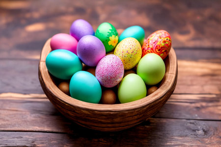 Vibrant Easter Eggs. A close-up image of colorful and intricately decorated Easter eggs arranged in a beautiful pattern on a rustic wooden background, emphasizing the unique designs and textures.の素材