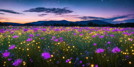 Stardust Meadow. At twilight, a meadow blooms with luminescent flowers. Each petal holds stardust, and as night falls, they release their magic. The otherworldly glow and the promise of wishes granted.の素材