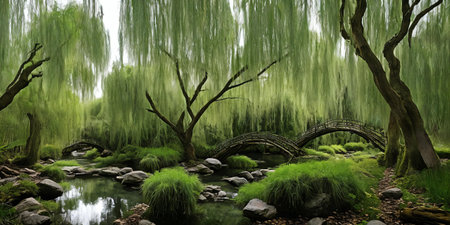 Whispering Willow Grove. Beneath ancient willow trees, their long branches trailing in a silver river, tiny doors appear. Fairies, sprites, and woodland creatures gather here, sharing secrets and laughter.の素材
