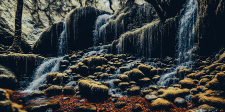 Enchanted Waterfall. A waterfall cascades down moss-covered rocks, revealing a secret grotto behind its veil. Crystal-clear water sparkles with hints of magic, and colorful flowers bloom along the banks.の素材