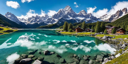 A serene lake in the foreground reflects a majestic snow-capped mountain in the background. Generative AIの素材