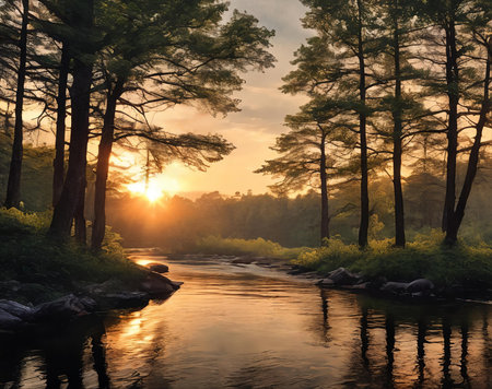 A vibrant sunset paints the sky above a tranquil forest river, reflecting golden hues on the rocks and lush landscape. Generative AI.の素材