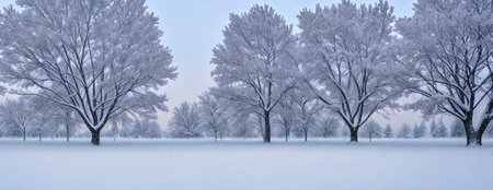 A serene winter landscape, picturesque panorama. Snow-covered landscapes, frost-covered trees, and wintery scenes. Generativeの素材