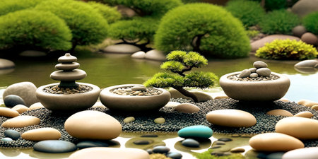 Mindfulness Moment. Capture the essence of mindfulness and meditation by photographing a zen garden with carefully arranged pebbles, a miniature bonsai tree, and a tranquil water fountain to evoke a sense of peace and balance.の素材