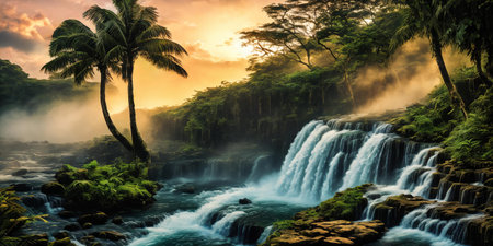 Fantasy landscape with waterfall at sunset, panorama.の素材