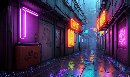 In a cyberpunk alley, neon signs cast a gritty glow on holographic graffiti, rain-soaked pavement glistens under ominous skies.の素材