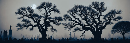 A hauntingly beautiful graveyard shrouded in mist, with weathered tombstones standing sentinel amidst gnarled trees and twisted branches reaching towards the moon.の素材