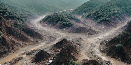 The aftermath of a massive landslide in a mountainous region, highlighting the chaotic debris flow and devastation left in its wake. Panoramaの素材