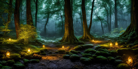Moonlit Forest Glade. Amidst ancient trees, a moonbeam illuminates a hidden glade. Dew-kissed mushrooms glow softly, and fireflies dance in the night. Ethereal beauty of this mystical meeting place.の素材