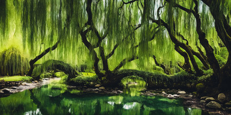 Whispering Willow Grove. Beneath ancient willow trees, their long branches trailing in a silver river, tiny doors appear. Fairies, sprites, and woodland creatures gather here, sharing secrets and laughter.の素材