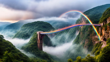 Rainbow Bridge. Arching across a misty gorge, a rainbow bridge connects two worlds. Its colors shift with the light, and travelers-human or magical, cross between realms. The bridge's ephemeral beauty.の素材