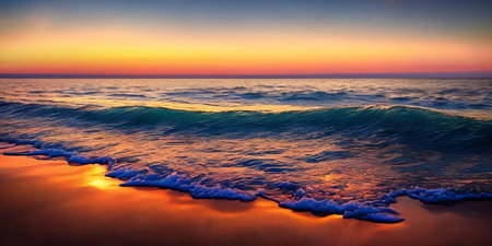 Sunset over the sea, waves on the foreground, panoramaの素材