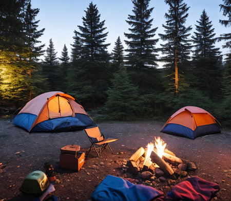 Campsite Coziness. Set up a cozy camping scene with a tent pitched under the starry night sky, illuminated by a warm campfire. Panoramaの素材