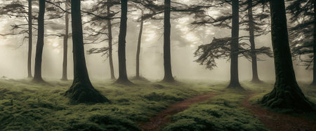 Serene beauty of a misty forest at sunrise, with the soft light filtering through the trees creating a magical atmosphereの素材