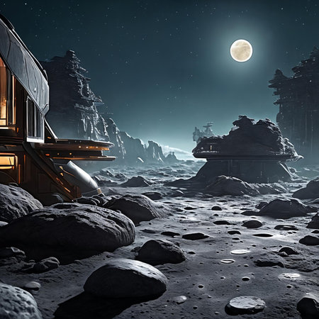 Welcome to the lunar colony, modular habitats, solar panels, lunar rovers exploring the rugged terrain. Star-filled skies mesmerize above.の素材