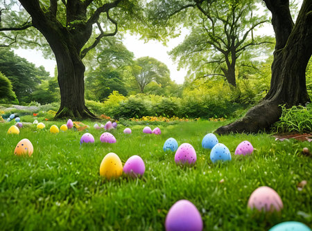 Easter Egg Hunt. A whimsical scene of hidden Easter eggs nestled among lush green grass, blooming flowers, and scattered foliage, creating a sense of excitement and discovery for the viewer.の素材