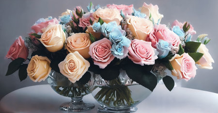 Romantic floral arrangement using soft pastel-colored roses. Dreamy effect and a touch of sophistication in composition. Panoramaの素材