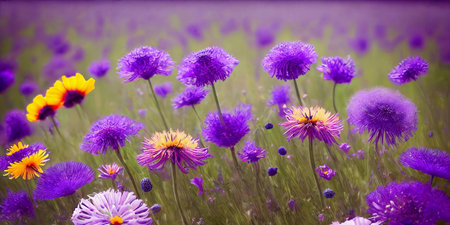 Whimsical and enchanting background using a blend of wildflowers such as dandelions, lavender, and poppies. Panoramaの素材