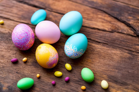 Vibrant Easter Eggs. A close-up image of colorful and intricately decorated Easter eggs arranged in a beautiful pattern on a rustic wooden background, emphasizing the unique designs and textures.の素材