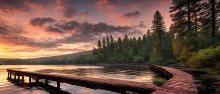 A vibrant sunset paints the sky over a tranquil forest lake pier Reflecting the golden hues on the calm waters below Generative AIの素材