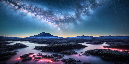 Stellar Serenity. Peaceful planet floating gracefully in the void of space, surrounded by a scattering of shimmering asteroids and the soft glow of a distant supernova.の素材