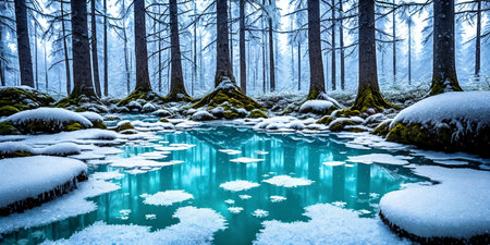 Frozen Fairy Pond. In the heart of a snow-covered forest, a pond lies frozen. Delicate frost patterns adorn its surface, and beneath the ice, mythical creatures slumber.The stillness and magic of winter.の素材