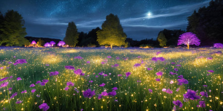 Stardust Meadow. At twilight, a meadow blooms with luminescent flowers. Each petal holds stardust, and as night falls, they release their magic. The otherworldly glow and the promise of wishes granted.の素材