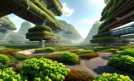 Explore a futuristic digital masterpiece envisioning a high-tech agricultural hub. See automated farming machines thriving vertical gardens.の素材