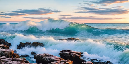 Stunning seascape, cliffs towering over the coastline, waves crashing below. Panorama. Generative AI.の素材