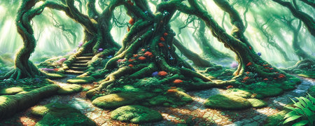 Mystical beauty of an enchanted forest. Vibrant greenery, twisting vines, and shimmering shafts of sunlight filtering through the canopy. Generative AIの素材