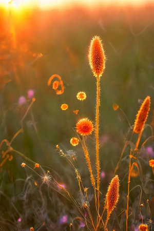 Golden Hour Glow. Warm, soft light of the setting sun illuminating delicate wildflowers or intricate spiderwebs in a field, highlighting their natural beauty.の素材