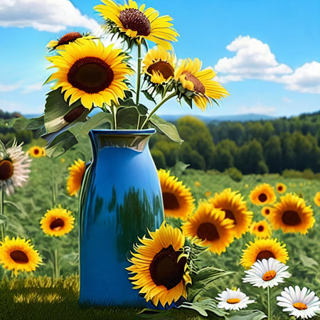 Captivating summer backdrop with a mix of sunflowers and daisies set against a clear blue sky.の素材