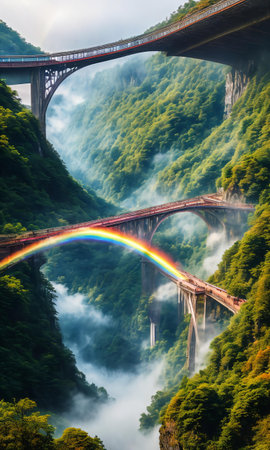 Rainbow Bridge. Arching across a misty gorge, a rainbow bridge connects two worlds. Its colors shift with the light, and travelers-human or magical, cross between realms. The bridge's ephemeral beauty.の素材
