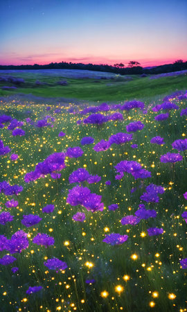 Stardust Meadow. At twilight, a meadow blooms with luminescent flowers. Each petal holds stardust, and as night falls, they release their magic. The otherworldly glow and the promise of wishes granted.の素材