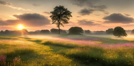 Peacefulness of a countryside meadow bathed in the soft light of dawn, with a gentle mist hovering over the grass adding a touch of mystique to the sceneの素材