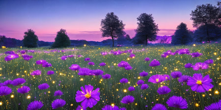 Stardust Meadow. At twilight, a meadow blooms with luminescent flowers. Each petal holds stardust, and as night falls, they release their magic. The otherworldly glow and the promise of wishes granted.の素材