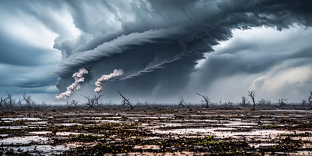 The raw power of a tornado by focusing on its twisting motion as it ravages the landscape, showcasing its destructive force amidst a barren field. Panoramaの素材