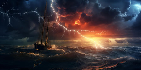 Stormy sea under dark clouds with lightning crashing waves. Turbulent waters reflect a sense of power and danger. Generative AI.の素材