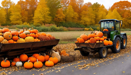 Rural fall harvest. Beauty of autumn harvests, including pumpkins, corn fields. Generative AIの素材