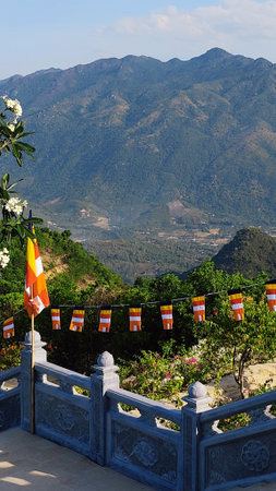 Mountain pagoda Truc Lam Phung Thuy Son near Nha Trang, Vietnam, surrounded by nature and peace.の写真素材
