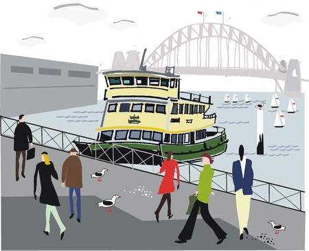 Sydney Harbor illustration with ferryのイラスト素材
